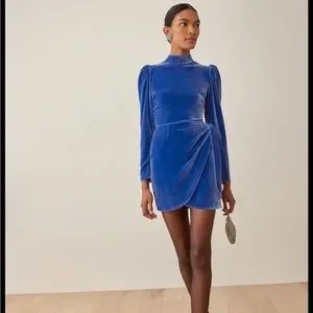 NWT Reformation burgundy wrap dress velvet in color Caspian blue size 10 - Picture 2 of 13